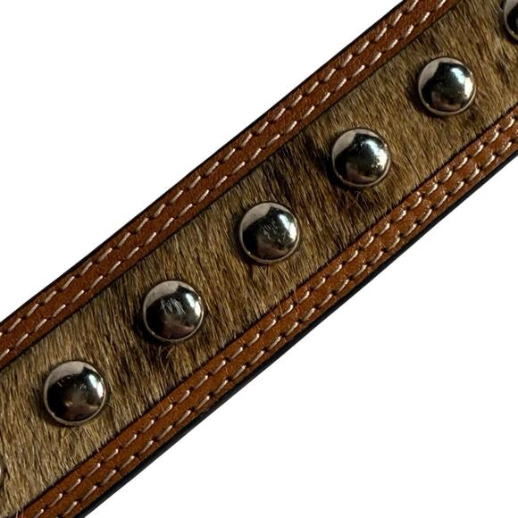 Ranger Belt Co Basket Weave Hair On Hide Studded Brown Leather Belt No Buckle 32 main image 5